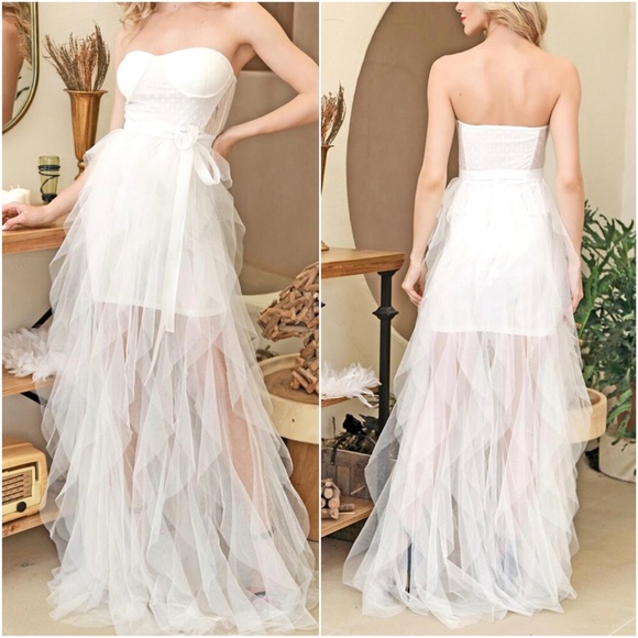 Boho Nude Pink mesh ruffle maxi dress wedding Prom - Picture 5 of 8